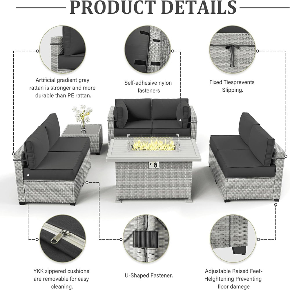 8-Piece Patio Furniture Set With Fire Pit Table, With 5