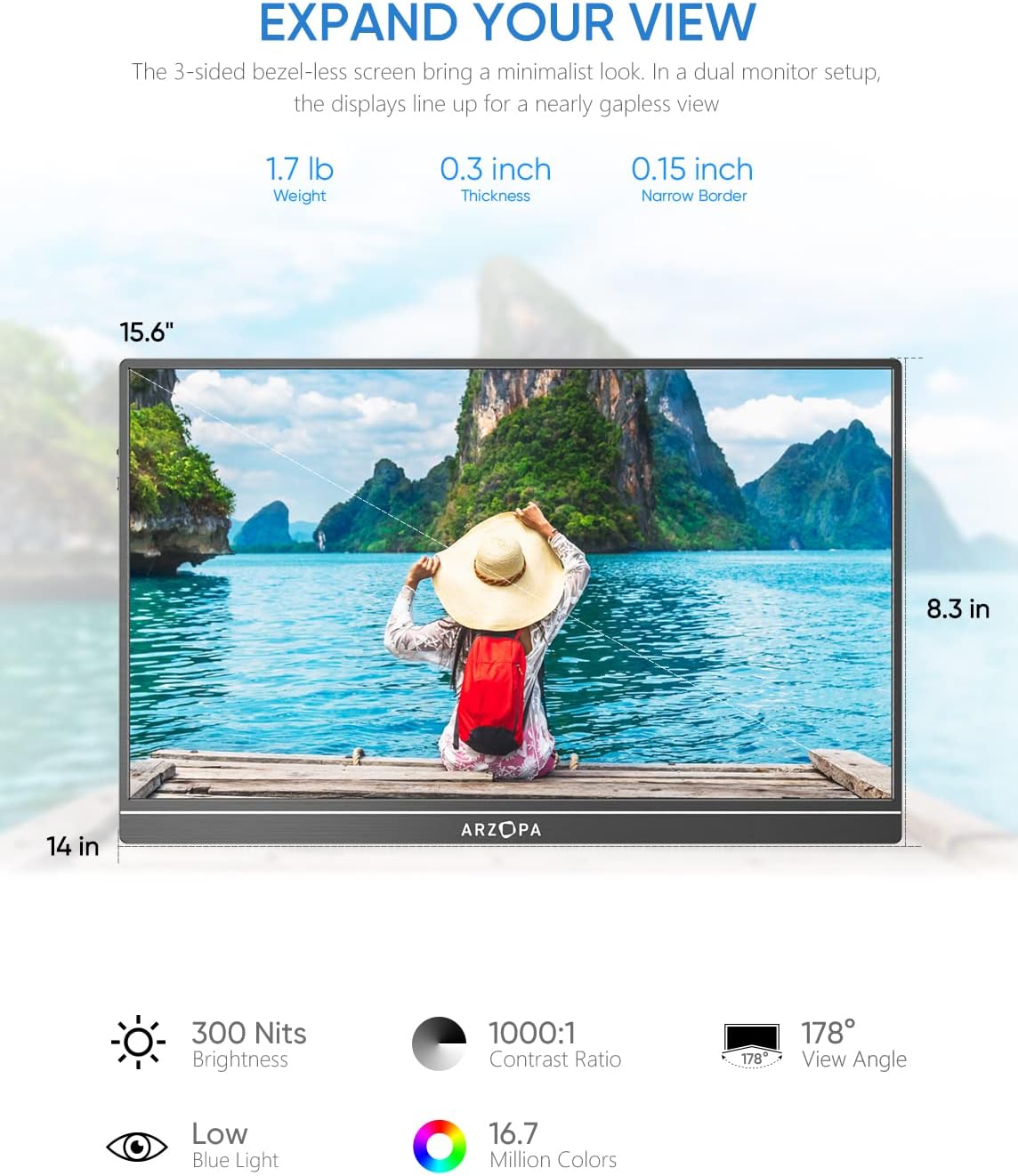 ARZOPA Portable Monitor, S1 Table 15.6'' 1080P FHD Laptop Monitor USB C HDMI Computer Display HDR Eye Care External Screen w/Smart Cover for PC Mac Phone Xbox PS5
