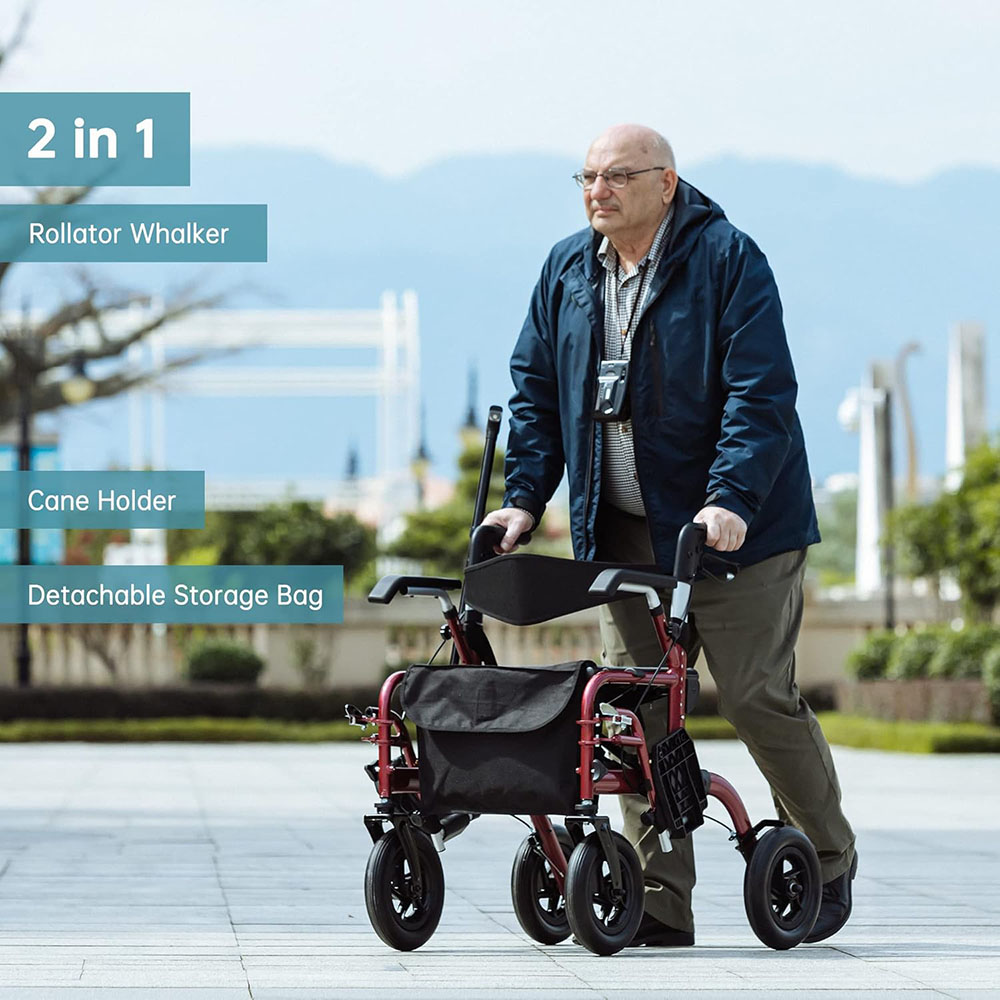 ELENKER All Terrain 2-in-1 Walker and Transport Chair, Foldable Wheelchair with 10-inch Wheels for Seniors
