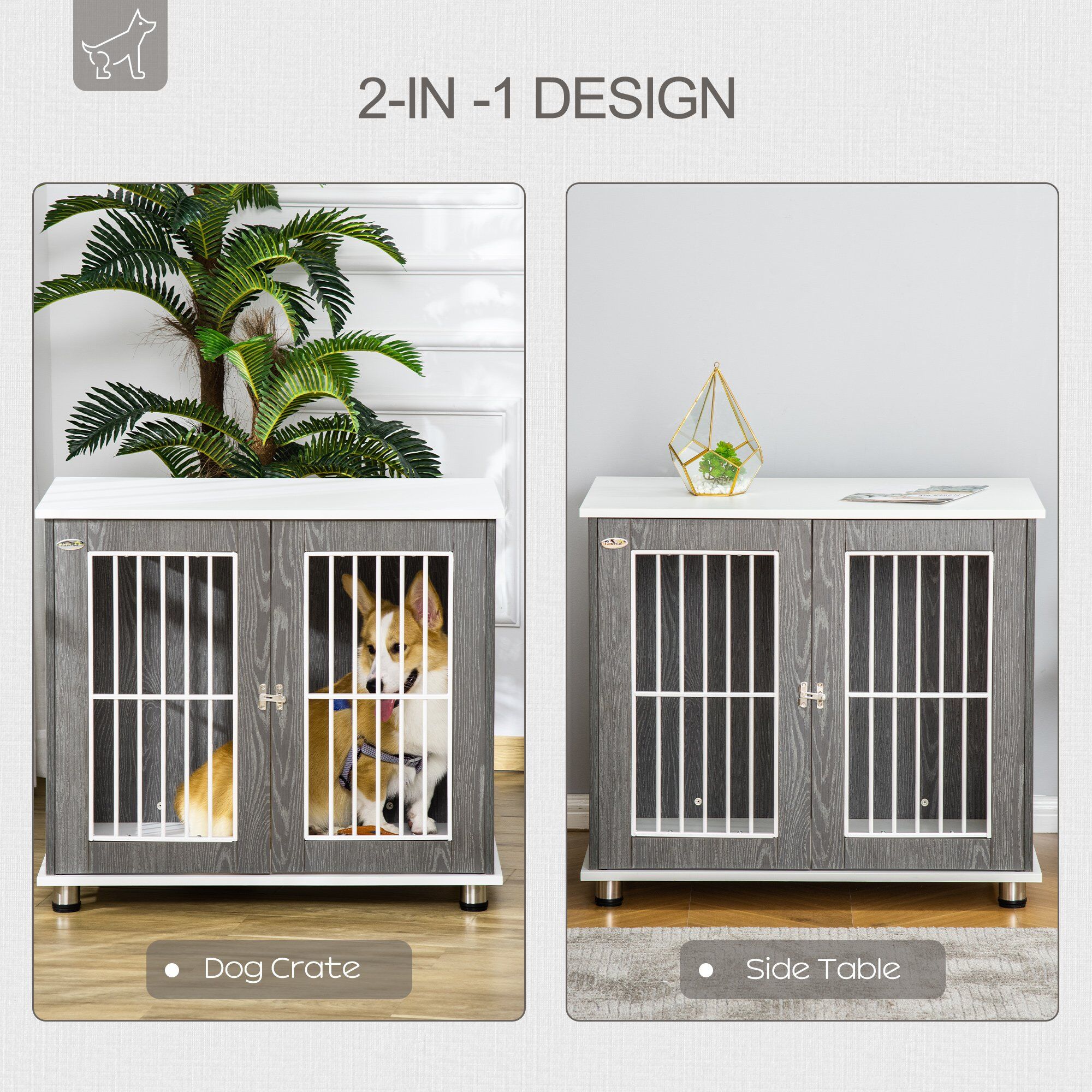 Pawhut Dog Crate, Wooden Pet Kennel Cage With Lockable Door And Adjustable Foot Pads, Modern Design, Grey And White
