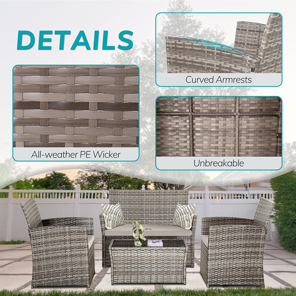 4 Piece Patio Furniture Set, Indoor/Outdoor Rattan Sectional Sofa Living Room Bistro Set