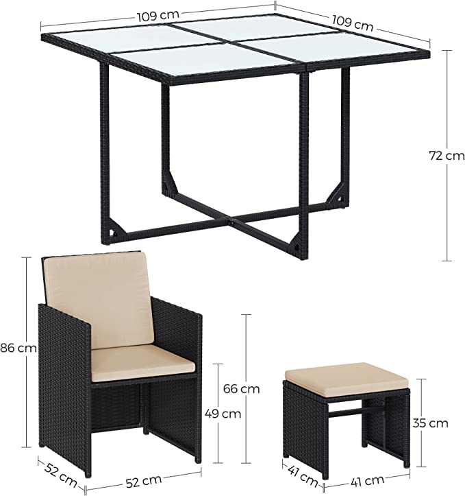 SONGMICS Garden Furniture Set Dining Table and Chairs, Set of 9 PE Rattan Outdoor Patio Furniture, Dining Furniture, Glass Top Coffee Table, with Cushions, Space-Saving, Black and Beige GGF091B02
