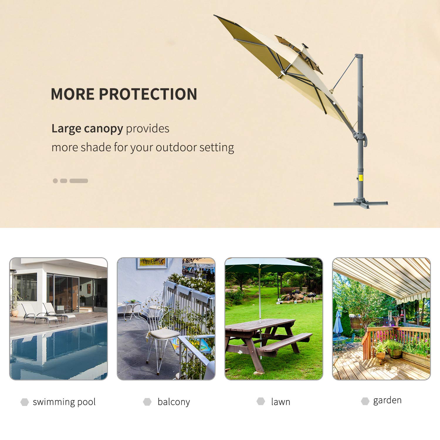 Outsunny 3(m) Cantilever Roma Parasol with LED Solar Lights, Crank & Tilt, Aluminium Frame, Cross Base and Adjustable Canopy 360° Rotating Sun Umbrella with 2-Tier Shade