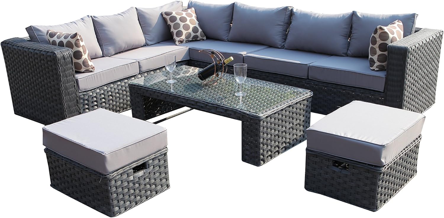 YAKOE 50020 Papaver Conservatory Modular 9 Seater Rattan Corner Garden Sofa Furniture Set - Grey