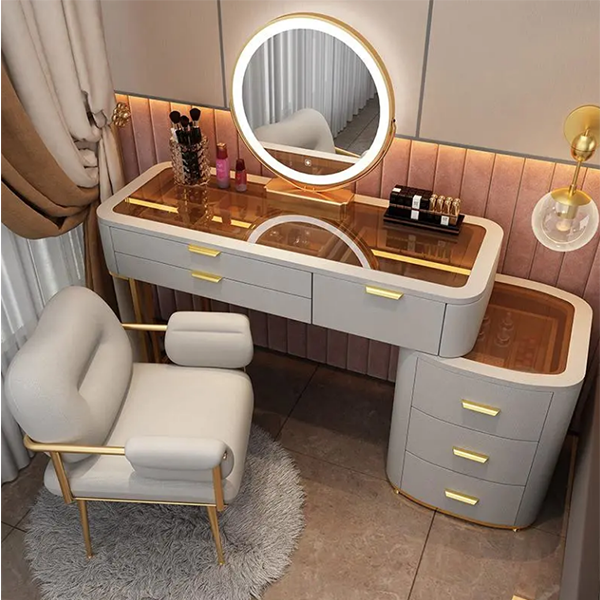 Vanity Desk with Mirror & Lights Glass Dressing Table Bedroom Dressing Storage Cabinet