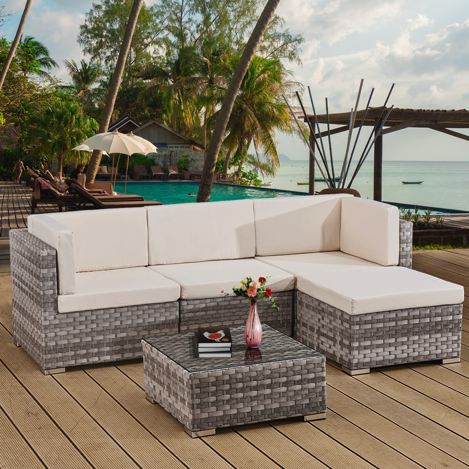 ASOWNSUN Rattan Garden Furniture Sets 4 Seater Patio Sofas with Coffee Table, Cushions, All-weather Outdoor Corner Sofa Patio Conversation Sets,Outdoor Furniture Sets Table Sofa Chair