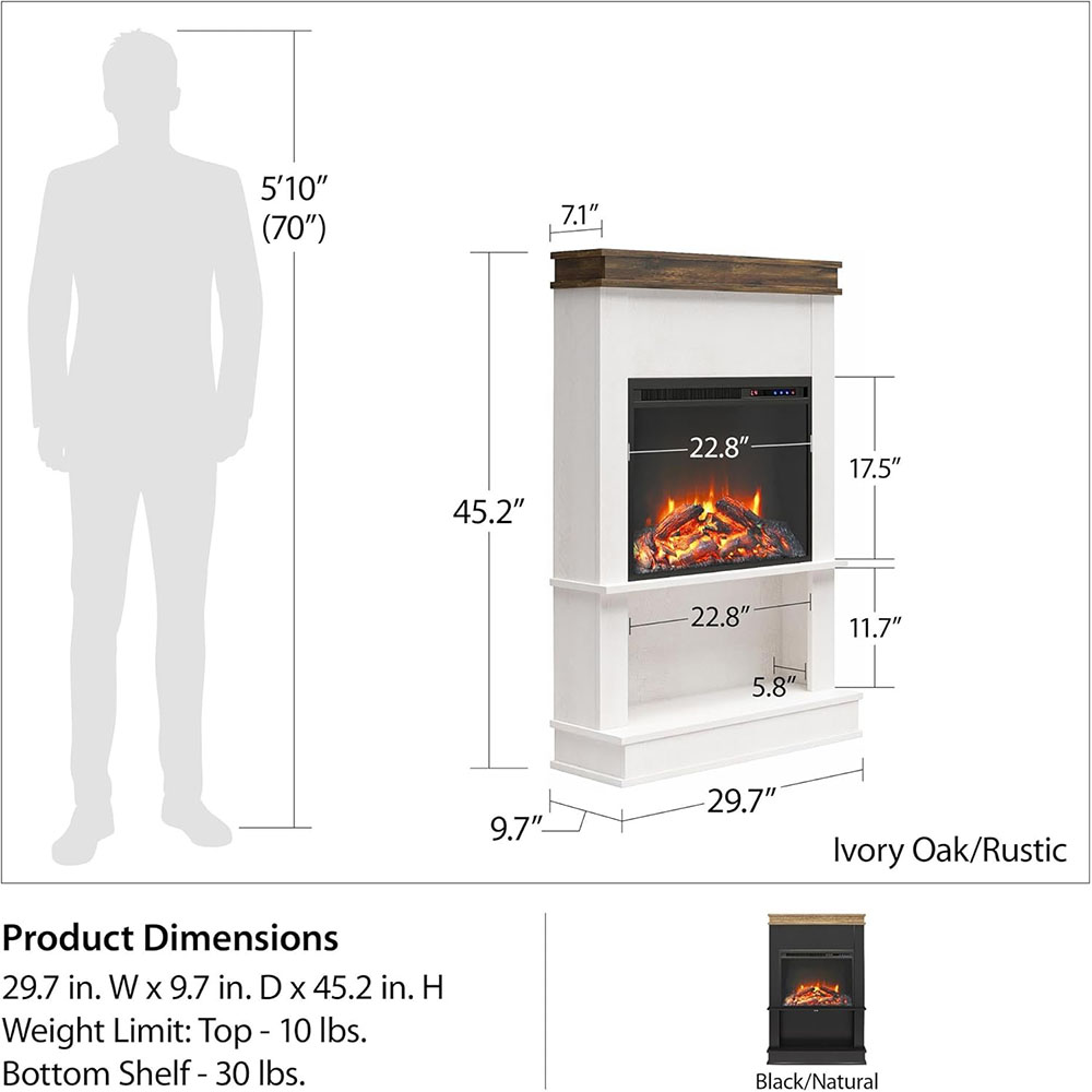 Ameriwood Home Mateo 30 Inch Electric Fireplace with Mantel and Shelf