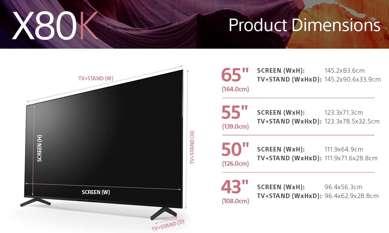 Sony BRAVIA KD-65X80K - 65-inch - LCD - 4K Ultra HD (UHD) - High Dynamic Range (HDR) - Google TV - (Black, 2022 model)