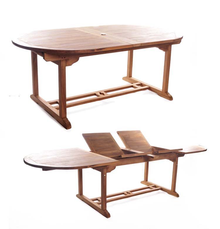 Teak garden dining set is amazing value - double extending table 1.8m to 2.4m, 8 x teak stacking chairs, free 3m parasol and cushions