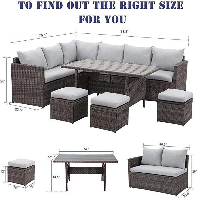 Wisteria Lane 9 Seater Rattan Garden Furniture Set, Outdoor Dinning Set, All-Weather Patio Conservatory Sets, Weaving Wicker Corner Sofa Couch Lounger with Table, Backyard, Deck, Porch, Balcony, Grey