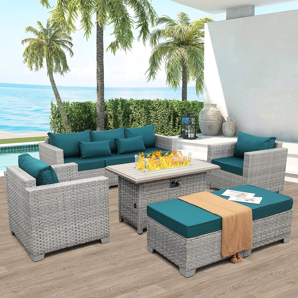WAROOM patio furniture set 6 piece modular sofa PE rattan reception set with fire pit table