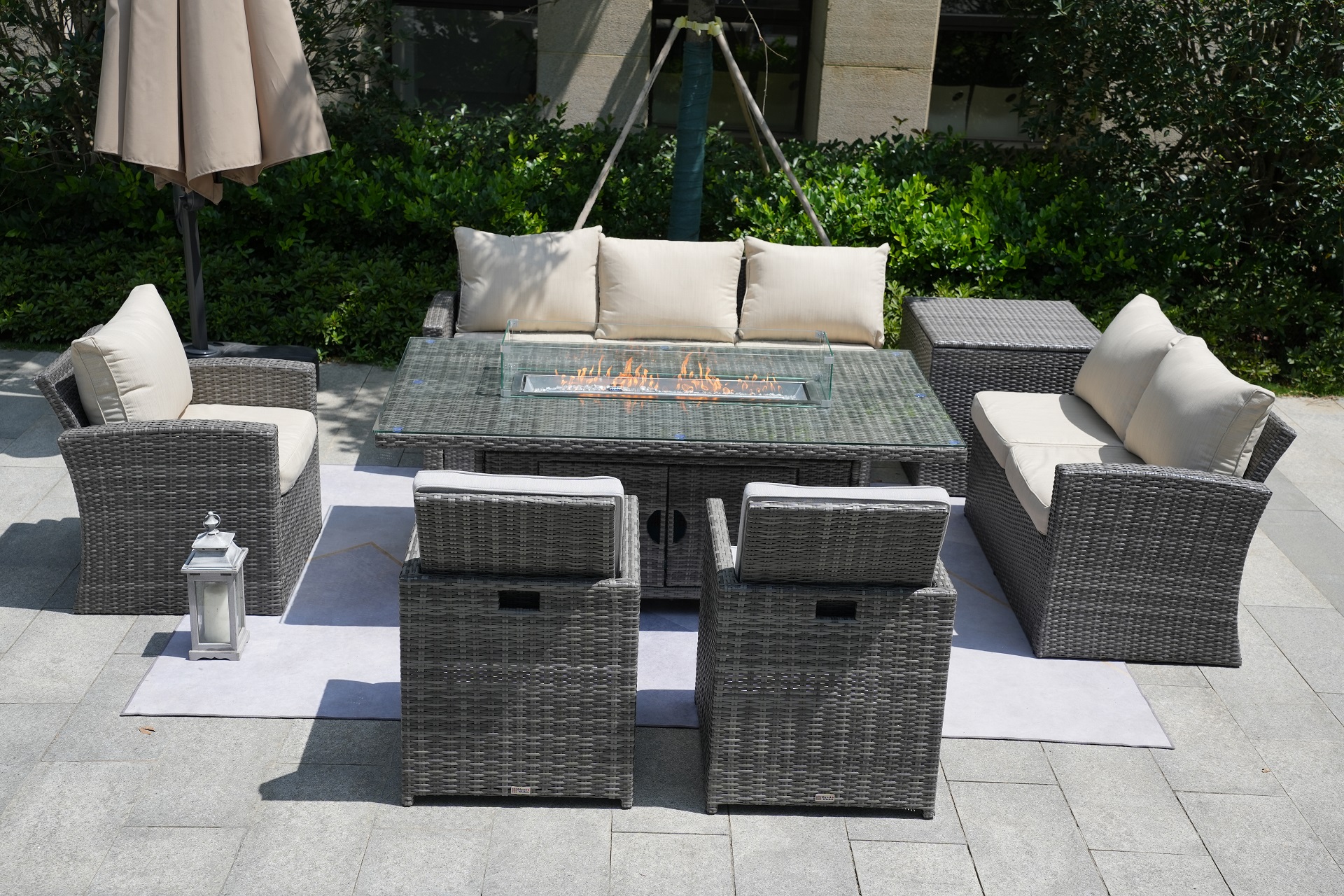 Wicker Patio Gray Wicker Conversational Seating Set with Rectangular Glass Fire Pit Table and Back Chair (Patio Set Option)
