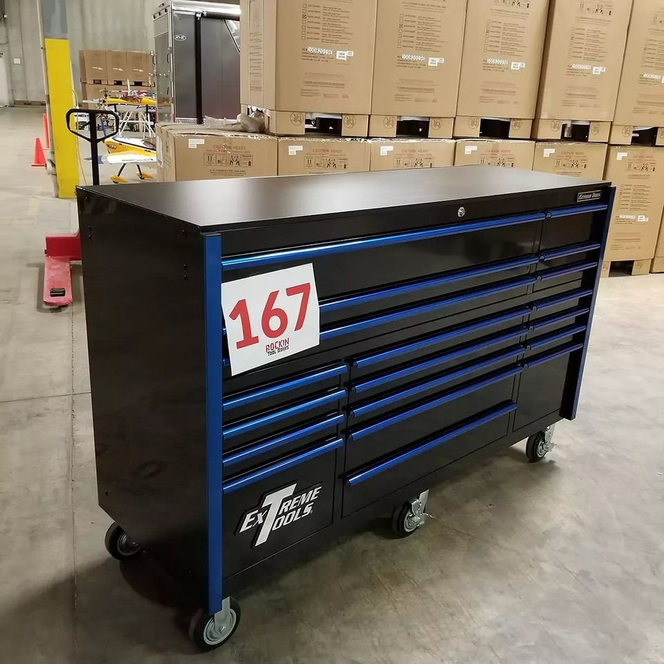 Extreme Tools RX Series 72 19 Drawer 25 Deep Roller Cabinet, Black Blue, 150 lbs