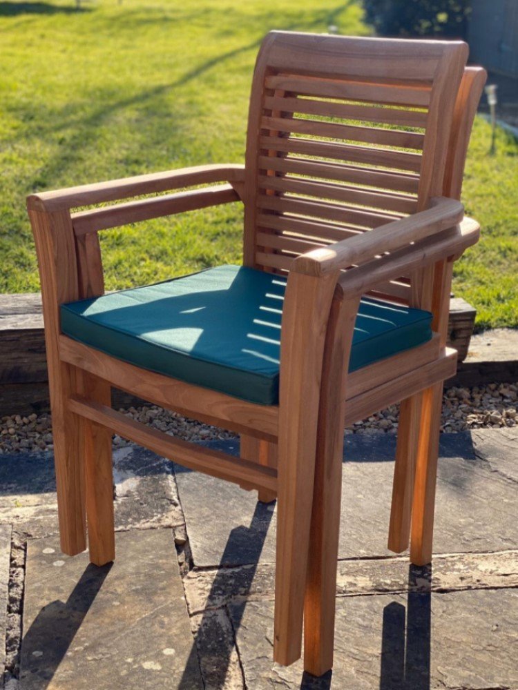 Teak garden dining set is amazing value - double extending table 1.8m to 2.4m, 8 x teak stacking chairs, free 3m parasol and cushions