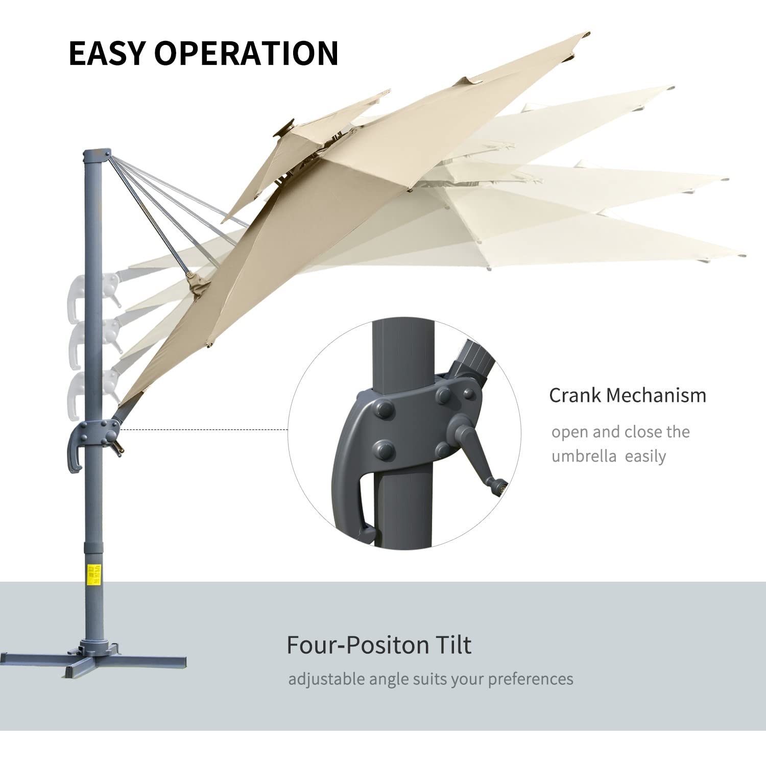 Outsunny 3(m) Cantilever Roma Parasol with LED Solar Lights, Crank & Tilt, Aluminium Frame, Cross Base and Adjustable Canopy 360° Rotating Sun Umbrella with 2-Tier Shade