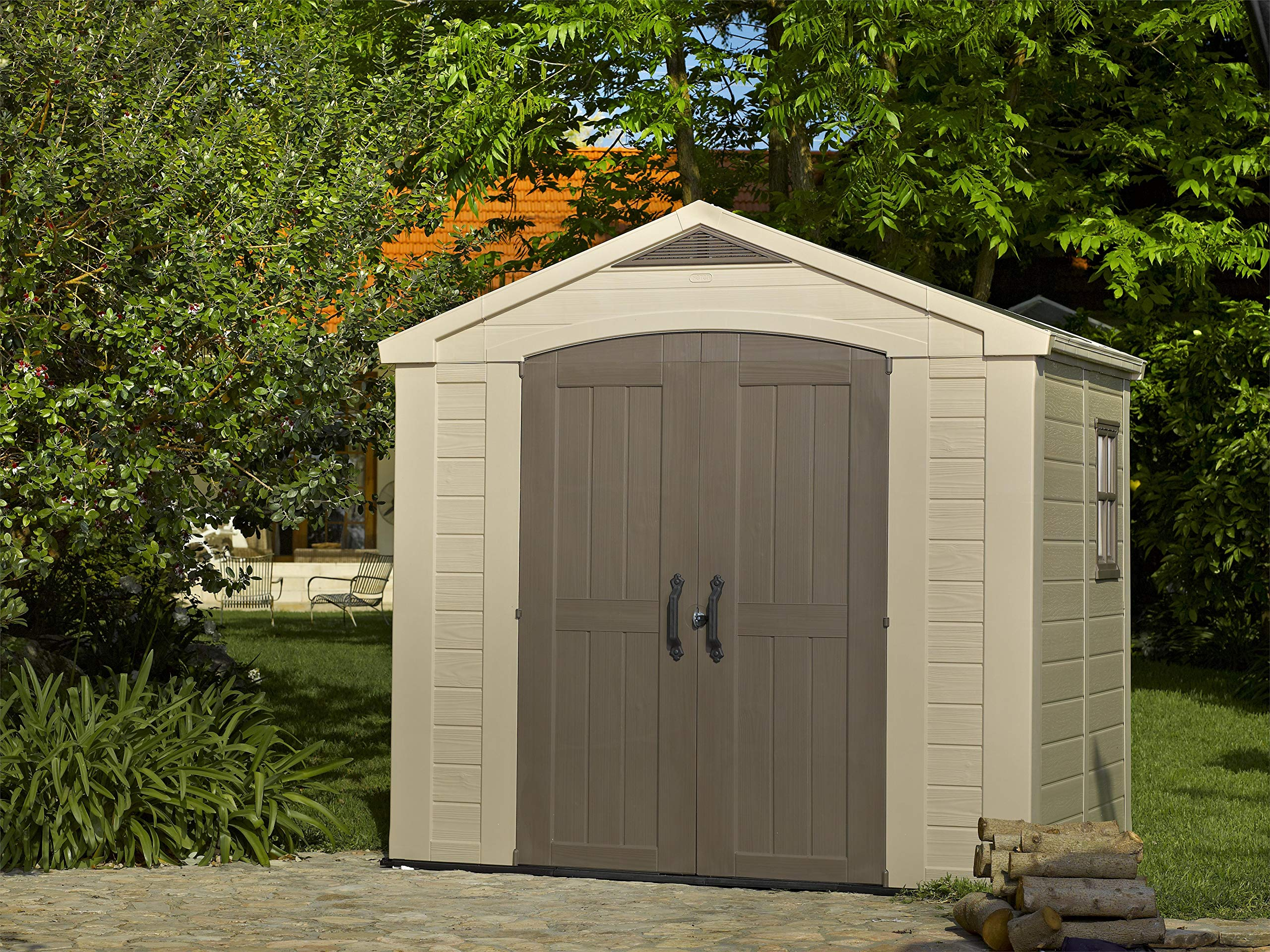 【Storage Shed】【BS】8x6 ft Outdoor Storage Shed, Beige & Brown