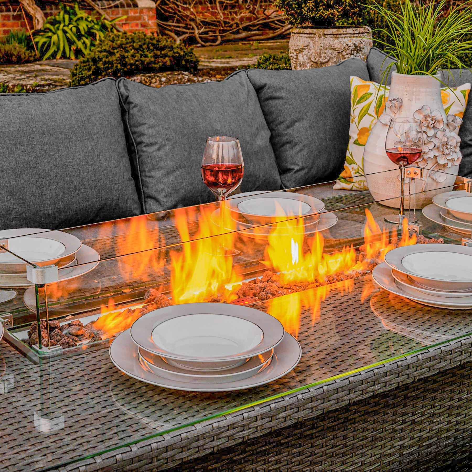 Bracken Outdoors Dakota Casual Dining Rectangular Corner Sofa Set with Firepit Table