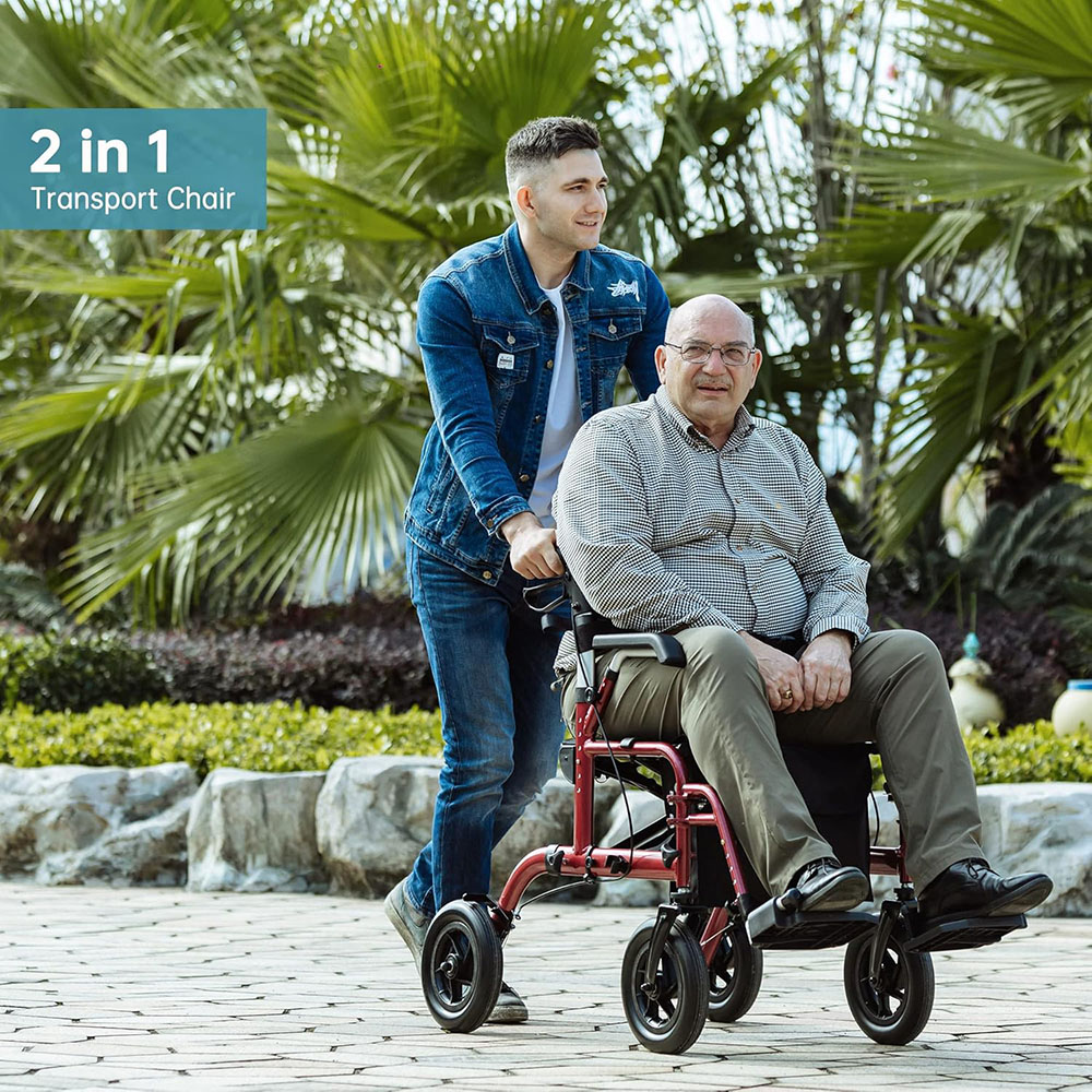 ELENKER All Terrain 2-in-1 Walker and Transport Chair, Foldable Wheelchair with 10-inch Wheels for Seniors