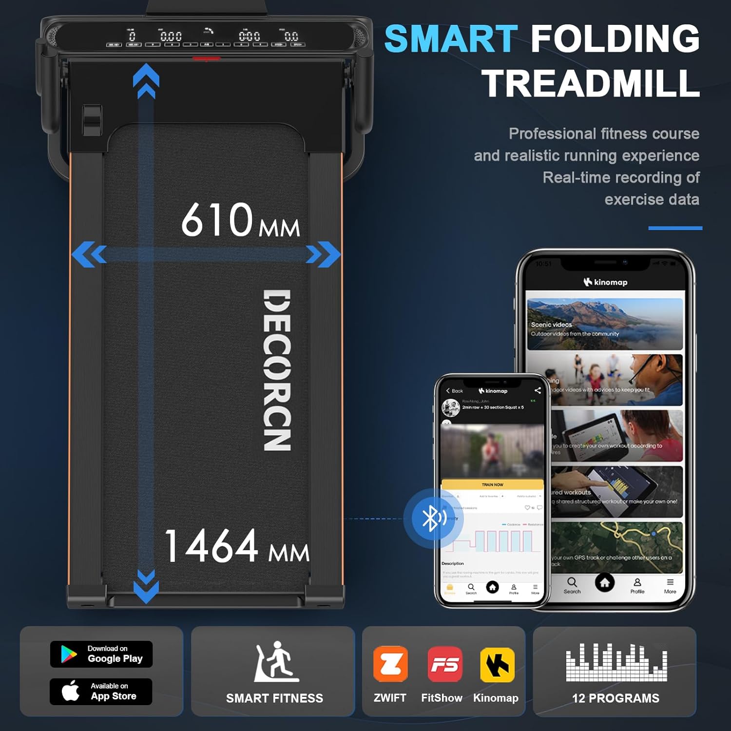 Decorcn Folding Treadmill for Home, 4.5HP, 20 Incline Levels, 1km/h-16km/h, 150KG limited, Runnig Machine for Heavy People with LED, Bluetooth Speakers, Silent Walking Pad for Home Office Gym