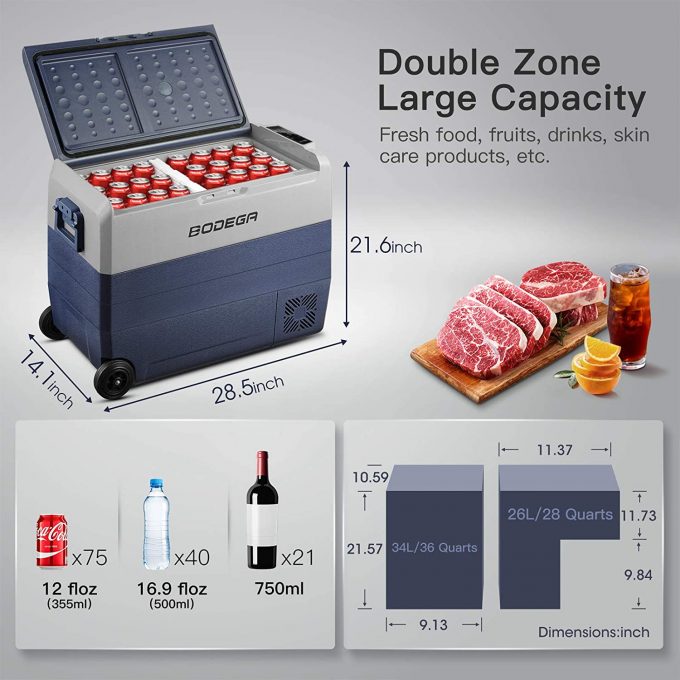 BODEGA 12 Volt Refrigerator Portable Freezer, Car Fridge Dual Zone APP Control -4℉-68℉ RV Electric Compressor Cooler, 12/24V DC and 100-240V AC for Outdoor, Camping, Travel,Vehicles