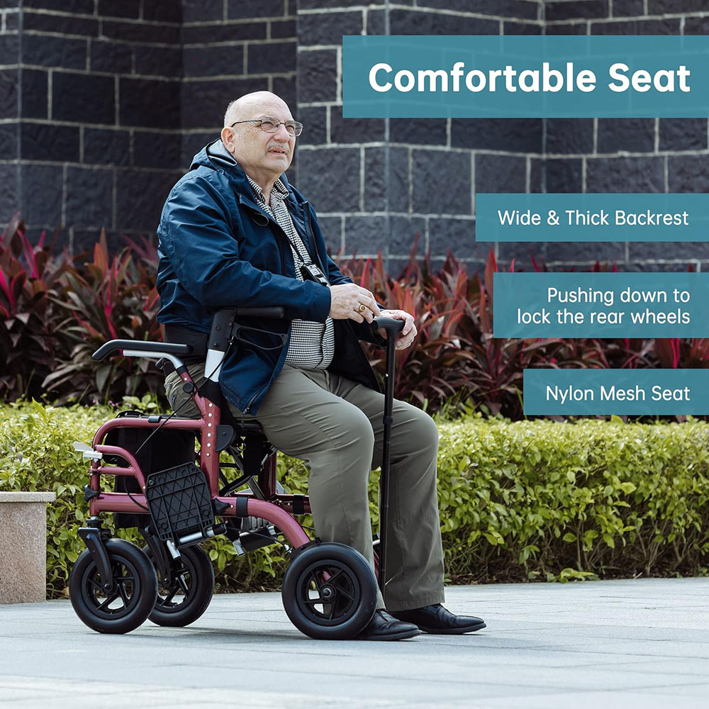 ELENKER All Terrain 2-in-1 Walker and Transport Chair, Foldable Wheelchair with 10-inch Wheels for Seniors