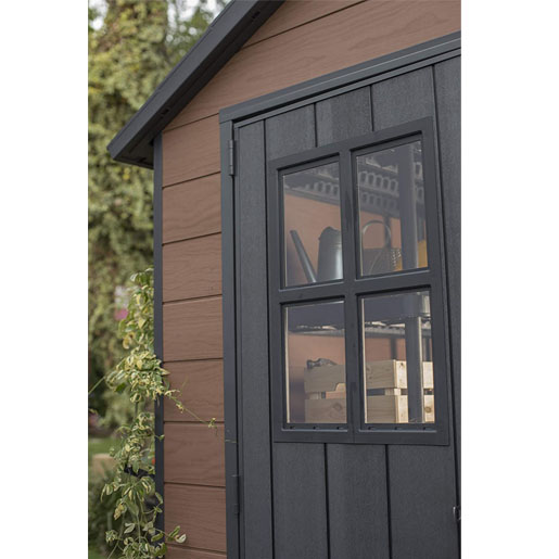 Keter Newton Outdoor Plastic Garden Storage Shed, Brown, 7.5 x 7 feet