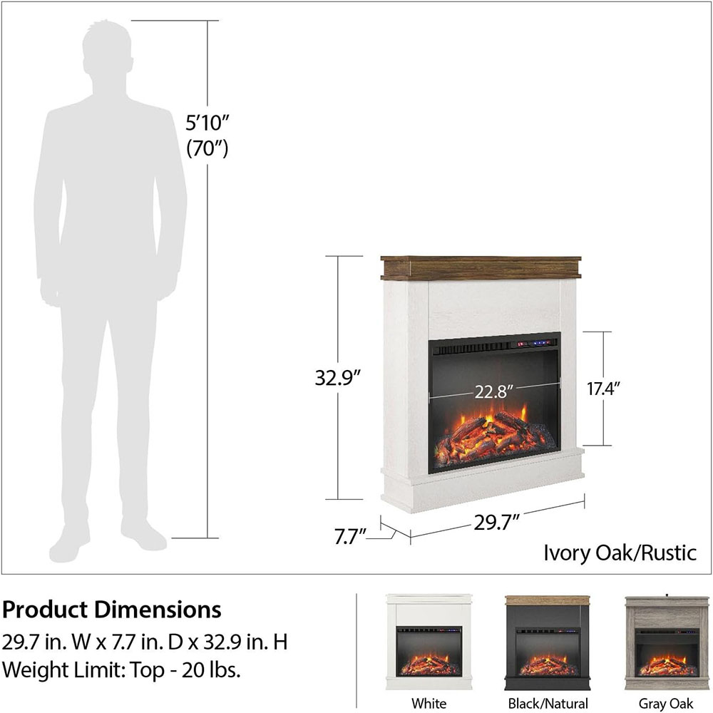 Ameriwood Home Mateo 30 Inch Electric Fireplace with Mantel and Shelf