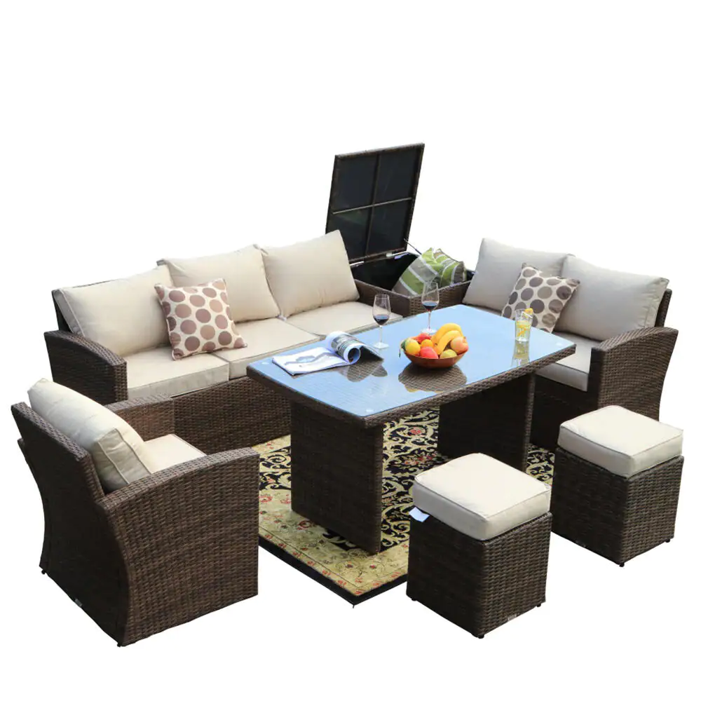 Beverly 7 Piece Steel Wicker Patio Furniture Outdoor Modular Sofa Set with Cushions and Ottomans